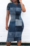 Casual Street Faux Denim Print Contrast O Neck Printed Short Sleeve Dress