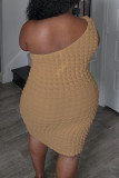 Sexy Solid Color Backless Patchwork Oblique Collar Wrapped Skirt Plus Size Dresses