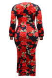 Celebrities Print Patchwork High Slit Zipper Deep V Neck Wrapped Skirt Plus Size Dresses