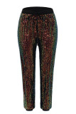 Street Sequins Draw String Patchwork Skinny Mid Waist Pencil Patchwork Bottoms