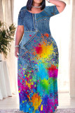 Casual Street Gradient Faux Denim Print Contrast O Neck Printed Dresses