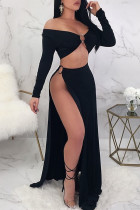 Sexy Solid Color High Slit Patchwork Off Shoulder Long Sleeve Two Pieces