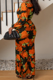Celebrities Print Patchwork High Slit Zipper Deep V Neck Wrapped Skirt Plus Size Dresses