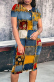 Casual Street Faux Denim Print Contrast O Neck Printed Short Sleeve Dress