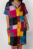 Casual Daily Colorblock Print Pocket Contrast V Neck Printed Plus Size Dresses