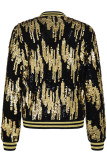 Street Sequins Patchwork Zipper O Neck Outerwear