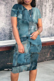 Casual Street Faux Denim Print Contrast O Neck Printed Short Sleeve Dress
