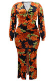 Celebrities Print Patchwork High Slit Zipper Deep V Neck Wrapped Skirt Plus Size Dresses