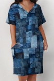 Casual Daily Colorblock Print Pocket Contrast V Neck Printed Plus Size Dresses