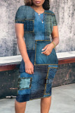 Casual Street Faux Denim Print Contrast O Neck Printed Short Sleeve Dress