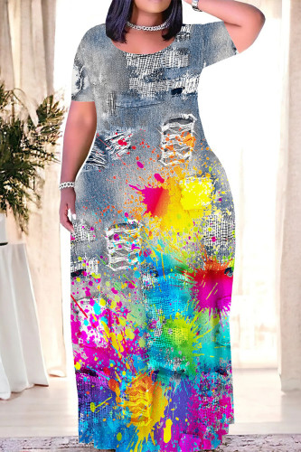Casual Street Gradient Faux Denim Print Contrast O Neck Printed Dresses