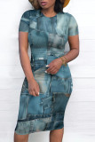 Casual Street Faux Denim Print Contrast O Neck Printed Short Sleeve Dress