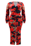 Celebrities Print Patchwork High Slit Zipper Deep V Neck Wrapped Skirt Plus Size Dresses