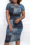 Casual Street Faux Denim Print Contrast O Neck Printed Short Sleeve Dress