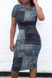 Casual Street Faux Denim Print Contrast O Neck Printed Short Sleeve Dress