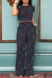 Casual Daily Geometric Print Pocket Contrast O Neck Short Sleeve Two Pieces