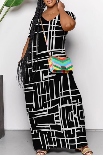 Casual Print Pocket Patchwork V Neck Long Dresses