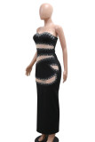 Sexy Patchwork See-Through Backless Slit Hot Drill Strapless Long Dresses
