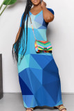 Casual Print Pocket Patchwork V Neck Long Dresses