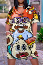 Casual Cartoon Print Basic V Neck Short Sleeve Plus Size Dresses