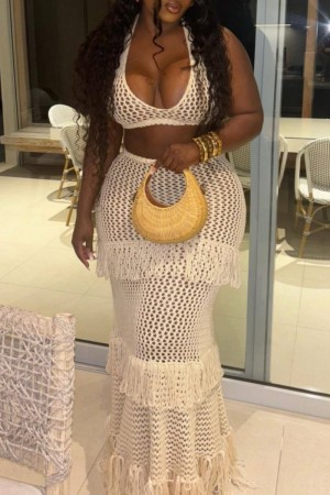 Sexy Vacation Solid Color Fringed Trim Hollow Out See-Through Backless Halter Sleeveless Two Pieces