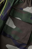 Casual Camouflage Print Pocket Patchwork High Waist Regular Denim Shorts