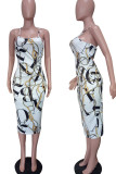 Sexy Print Patchwork Backless Spaghetti Strap Long Dresses