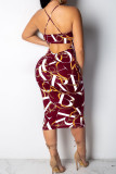Sexy Print Patchwork Backless Spaghetti Strap Long Dresses