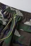 Casual Camouflage Print Pocket Patchwork High Waist Regular Denim Shorts