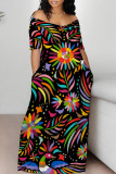 Casual Butterfly Flowers Print Contrast Off Shoulder Printed Dresses