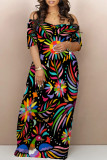 Casual Butterfly Flowers Print Contrast Off Shoulder Printed Dresses