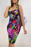 Sexy Street Splashed ink printing Contrast U Neck Printed Dresses