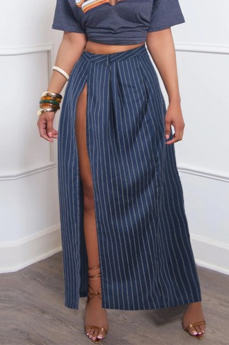 Casual Striped Print Slit Regular High Waist Full Print Skirts