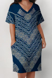 Casual Street Geometric Print Pocket Contrast V Neck Printed Plus Size Dresses