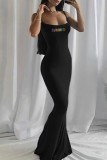Sexy Letters Patchwork Backless Hot Drill Spaghetti Strap Long Dresses