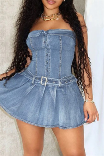 Sexy Casual Solid Color Patchwork Backless With Belt Strapless Sleeveless Bodycon Denim Dresses
