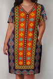 Casual Street Geometric Print Pocket Contrast V Neck Printed Plus Size Dresses