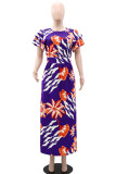 Celebrities Print Patchwork High Slit Strap Design O Neck Long Dresses