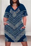 Casual Street Geometric Print Pocket Contrast V Neck Printed Plus Size Dresses