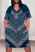 Casual Street Geometric Print Pocket Contrast V Neck Printed Plus Size Dresses