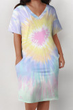 Casual Street Tie Dye Print Pocket Contrast V Neck Printed Plus Size Dresses