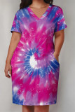 Casual Street Tie Dye Print Pocket Contrast V Neck Printed Plus Size Dresses