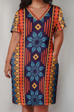 Casual Street Geometric Print Pocket Contrast V Neck Printed Plus Size Dresses