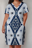 Casual Street Geometric Print Pocket Contrast V Neck Printed Plus Size Dresses