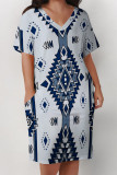 Casual Street Geometric Print Pocket Contrast V Neck Printed Plus Size Dresses