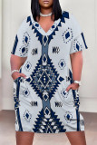 Casual Street Geometric Print Pocket Contrast V Neck Printed Plus Size Dresses