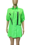 Casual Letters Buckle Patchwork Ruched Turndown Collar Tops