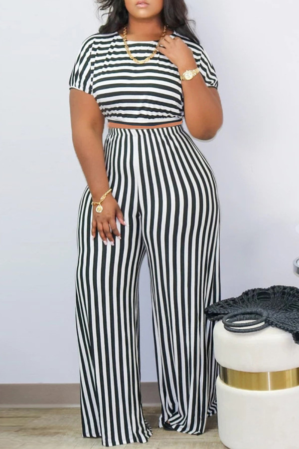 Casual Stripe Patchwork O Neck Plus Size Two Pieces