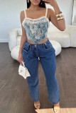 Sexy Print Lace Patchwork Backless Cross Straps Spaghetti Strap Tops