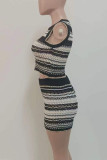 Casual Stripe Patchwork O Neck Sleeveless Two Pieces